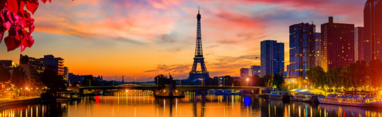View on Eiffel tower and skyscrapers on Seine in Paris at night, France